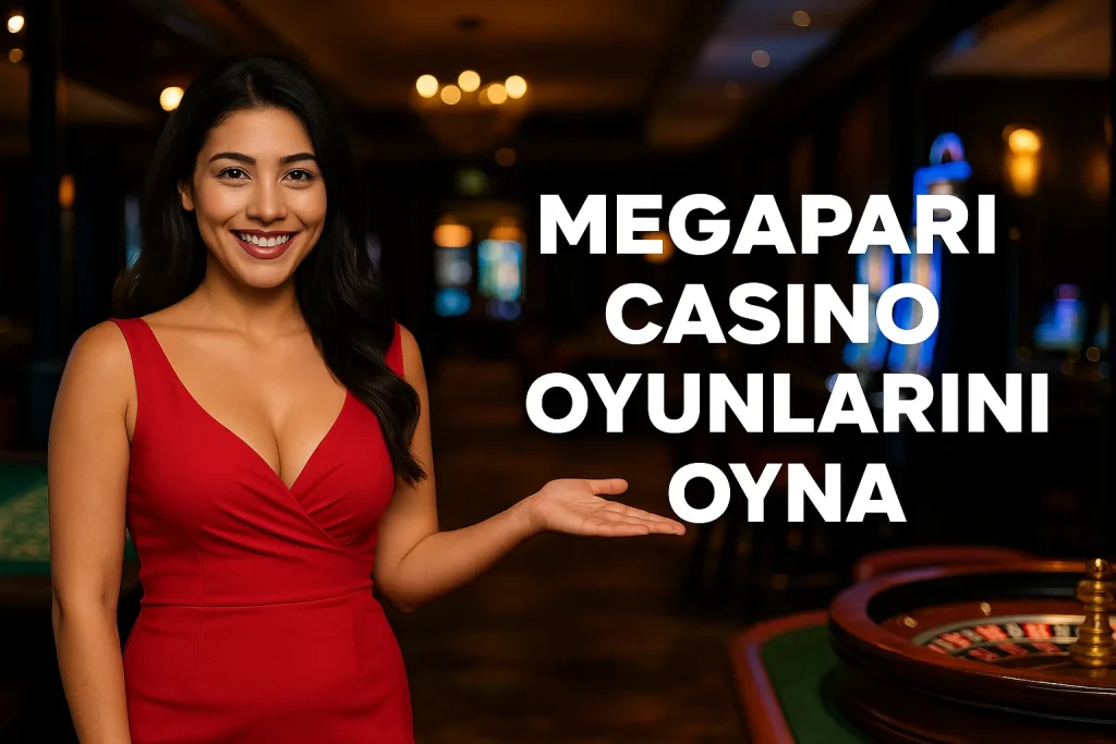 Megapari Casino Türk kız ile tanıtım görseli Kırmızı ve mavi elbiseli Türk kız, Megapari Casino giriş sayfasını tanıtıyor